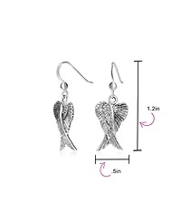 Bling Jewelry Spiritual Amulet Feather Heart Shaped Guardian Angel Wings Dangle Earrings For Women Teens Oxidized .925 Sterling Silver Fish Hook