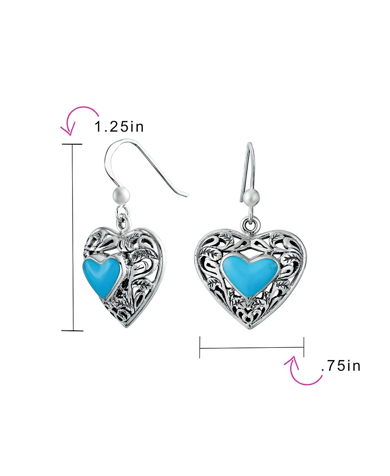 Bling Jewelry Boho Bali Style Scroll Filigree Blue Natural Turquoise Heart Shaped Dangling Earrings Oxidized Sterling Silver Fish Hook