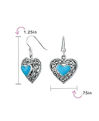 Bling Jewelry Boho Bali Style Scroll Filigree Blue Natural Turquoise Heart Shaped Dangling Earrings Oxidized Sterling Silver Fish Hook