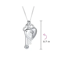 Bling Jewelry Love Lock And Key Heart Cz Accent Charm Pendant Necklace For Women For Sterling Silver