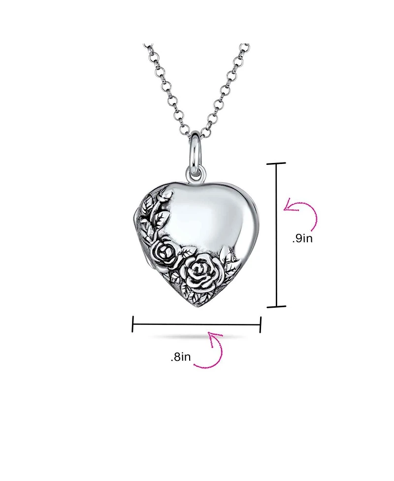 Bling Jewelry Carved Floral Flower Rose Photo Heart Shape Lockets Necklace Pendant That Hold Pictures Oxidized Sterling Silver