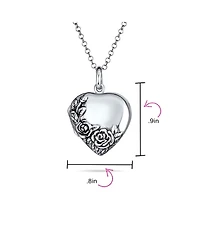 Bling Jewelry Carved Floral Flower Rose Photo Heart Shape Lockets Necklace Pendant That Hold Pictures Oxidized Sterling Silver