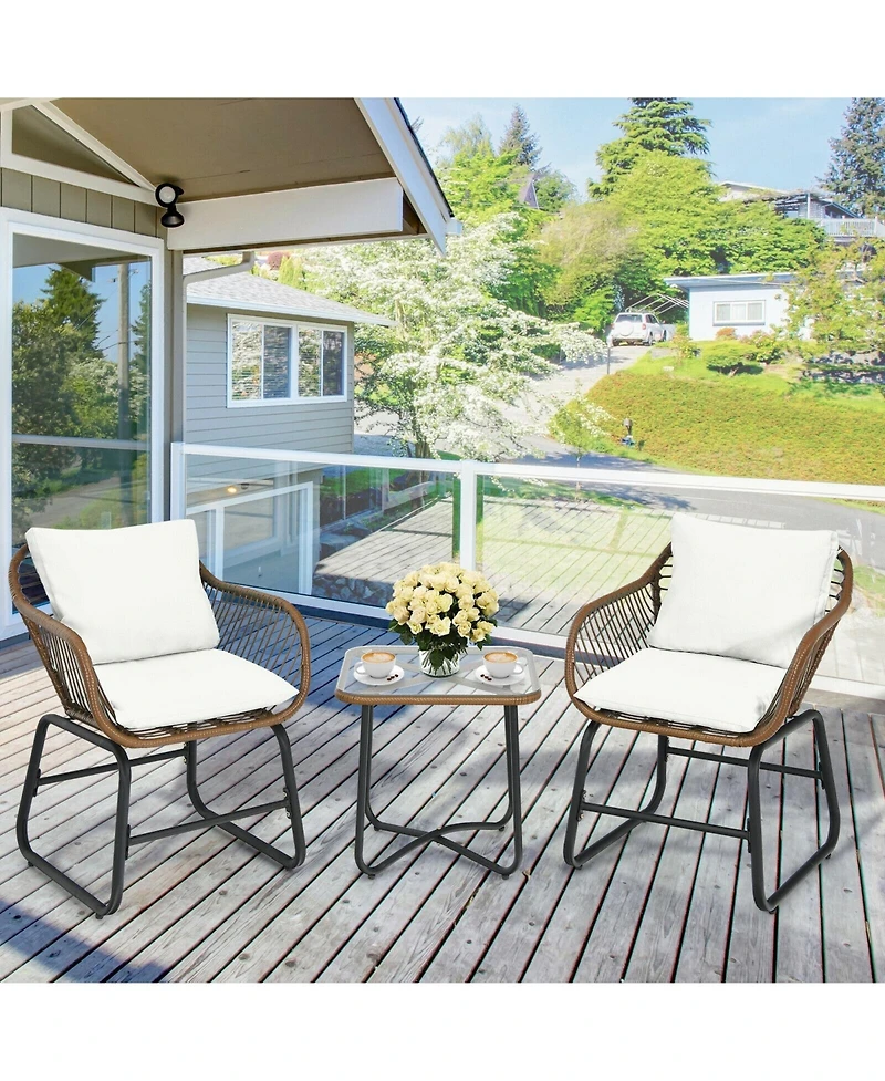 Slickblue 3 Pieces Patio Rattan Bistro Set Cushioned Chair Glass Table Deck