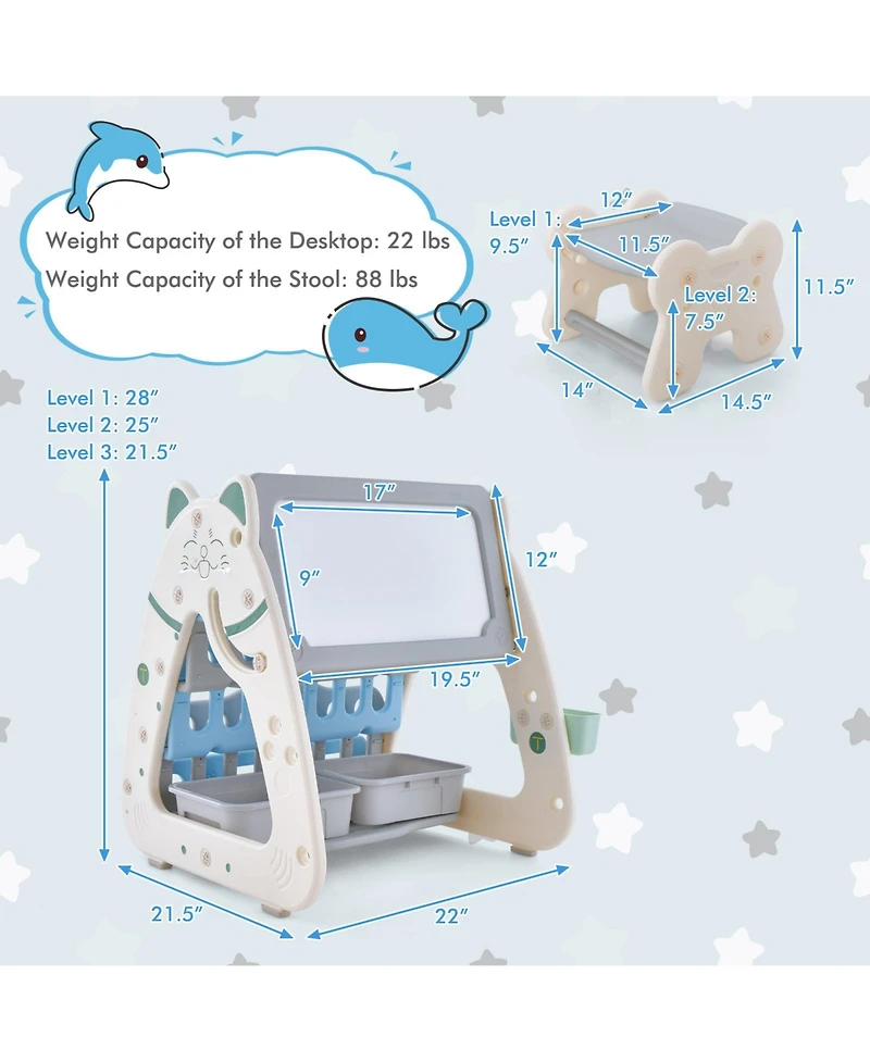Slickblue 3-In-1 Double Sided Magnetic Dry-Erase Board with Stool and Flipped Writing Desktop