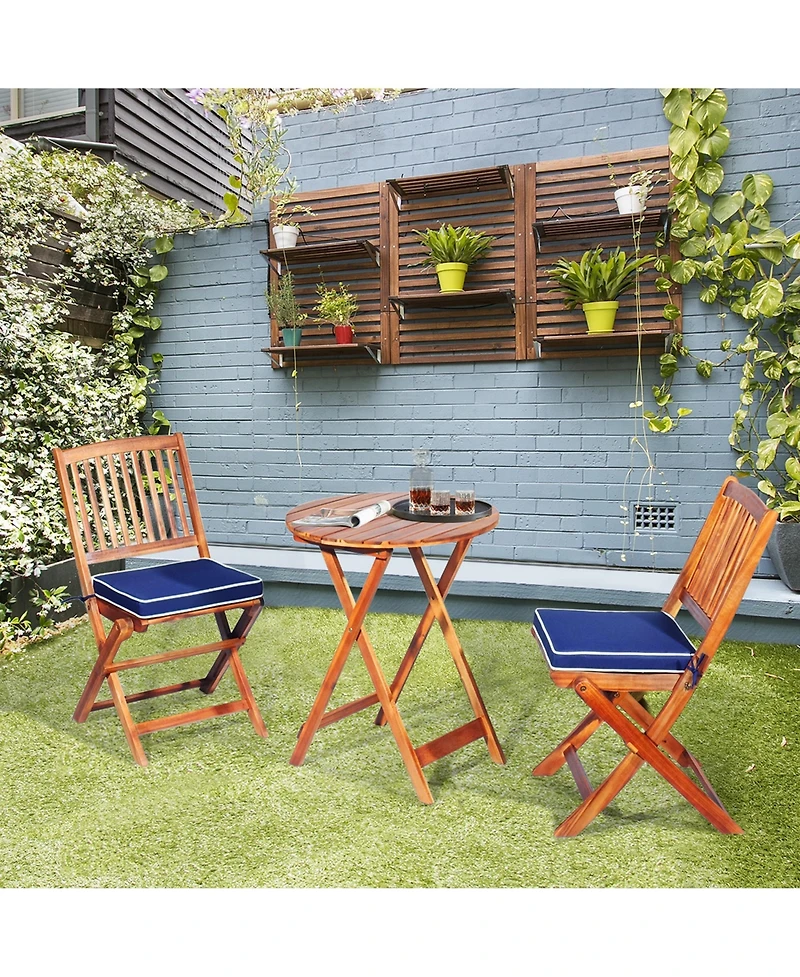 Gymax 3PCS Folding Patio Conversation Set Acacia Wood Bistro Set w/ Cushions