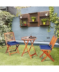 Gymax 3PCS Folding Patio Conversation Set Acacia Wood Bistro Set w/ Cushions