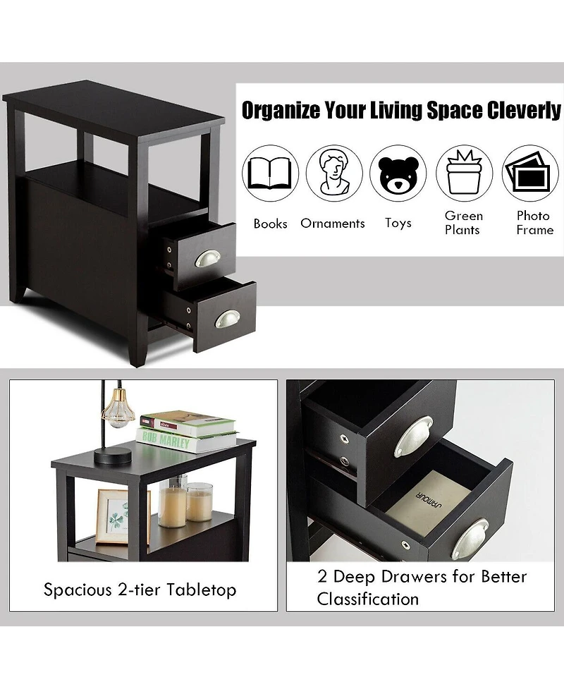 Inolait 2 Pieces Wooden Bed-side Nightstand Set with 2 Drawers