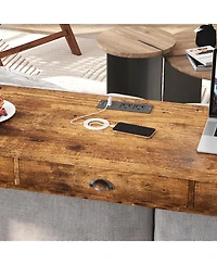 Simplie Fun 3-Drawer Long Dining Table Set with Power Outlets & Bar Kitchen Table Set with Circular Pu Stools, Easy Assemble