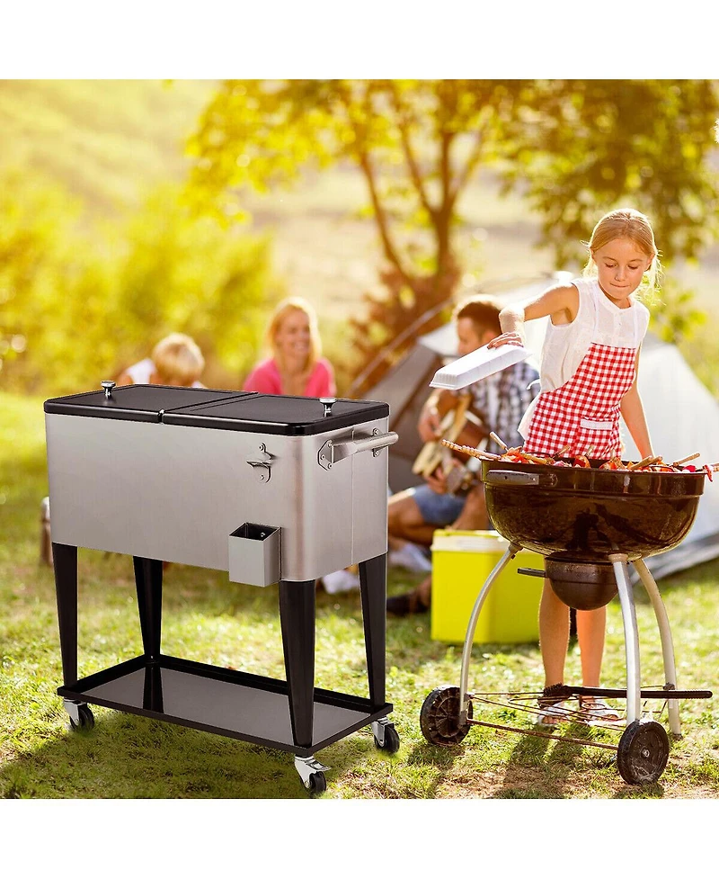Costway Patio Cooler Rolling Outdoor Stainless Steel Ice Beverage Chest Pool