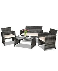 Sugift 4 Pieces Patio Rattan Furniture Set with Glass Table and Loveseat