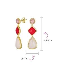 Bling Jewelry Unique Long Round Square Teardrop Shape 3 Multi-Tier Summer Party Red Peach Pink Synthetic Quartz Dangling Earrings Gold Plated