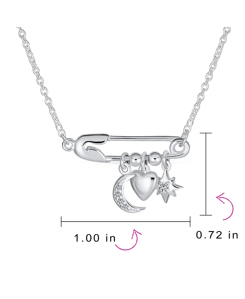 Bling Jewelry Support Symbol Cz Accent Moon Heart Star Charms Sideways Celestial Safety Pin Necklace Pendant Sterling Silver