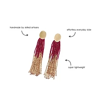 Mae Oval Brass Post 2-Color Beaded Tassel Earrings Red