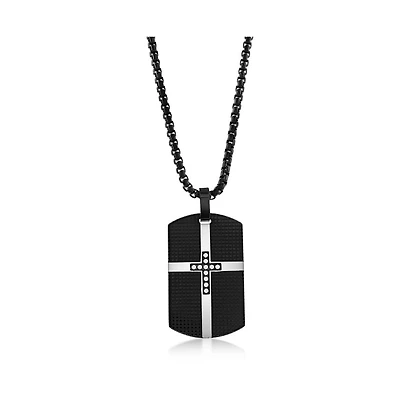 Stainless Steel Black Plated Cross Dog Tag Cz Necklace
