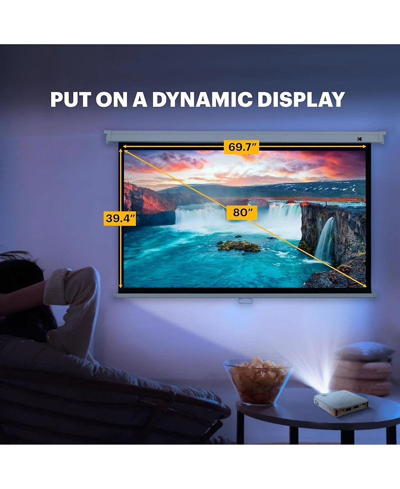 Kodak 80" Manual Pull Down Projector Screen, Large 16:9 Retractable Projector Screen