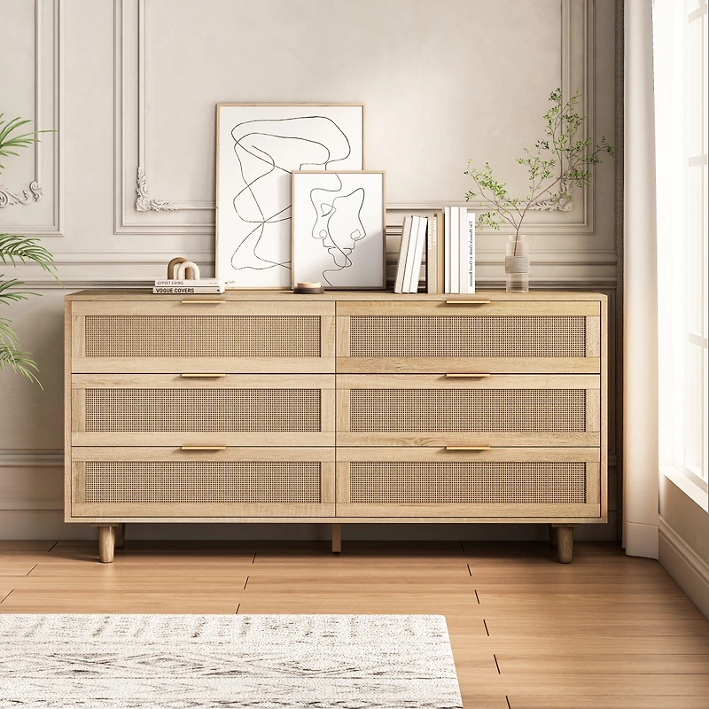 59.06"6-Drawers Rattan Storage Cabinet Rattan Drawer, For Bedroom, Living Room, Natural