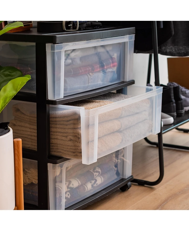 Iris Plastic 3 Drawer Wide Storage Cart with 4 Caster Wheels, Black