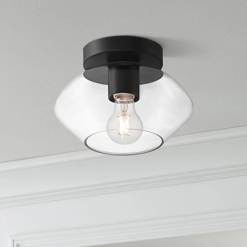 Possini Euro Design Gustin Modern Ceiling Light Semi Flush-Mount Fixture 8 3/4" Black Clear Glass for Bedroom Kitchen Living Room