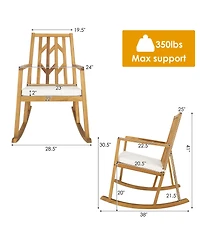 Gymax Outdoor Acacia Wood Rocking Chair Wooden Patio Rocker w/ Beige Cushion