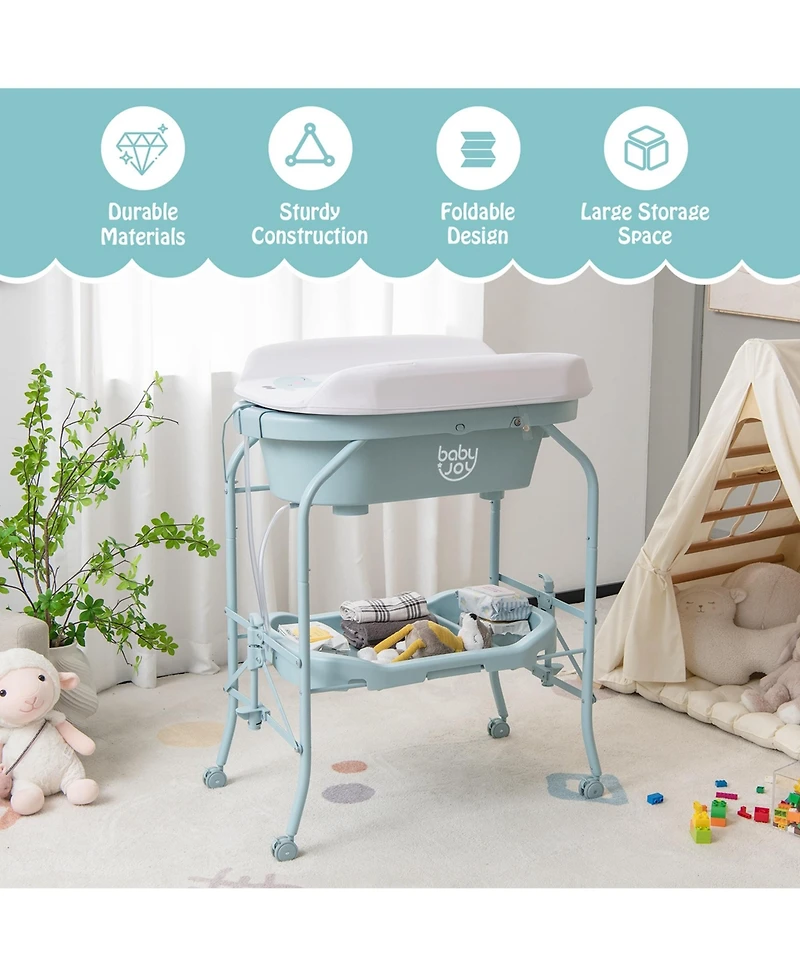 Costway Baby Changing Table with Bathtub, Folding & Portable Diaper Station Wheels