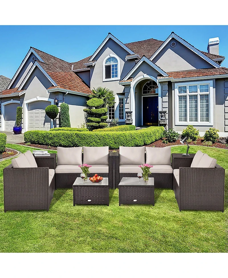 8PCS Outdoor Patio Rattan Furniture Set Cushioned Loveseat Storage Table