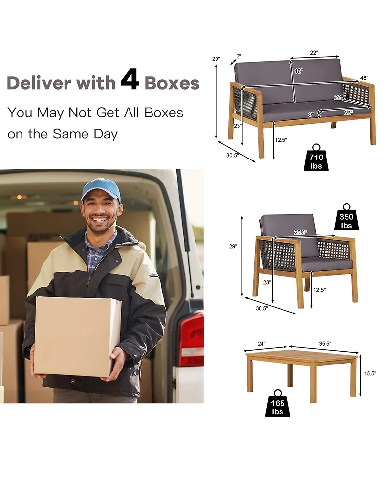 8PCS Patio Rattan Furniture Set Acacia Wood Cushioned Sofa