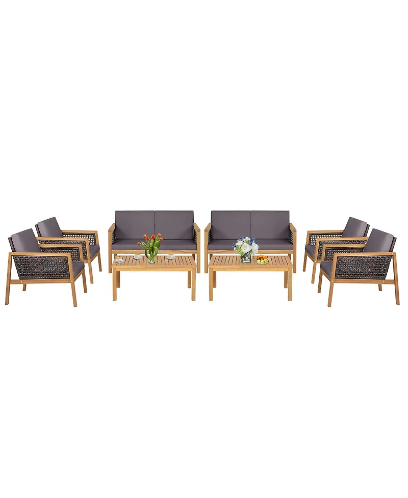 8PCS Patio Rattan Furniture Set Acacia Wood Cushioned Sofa