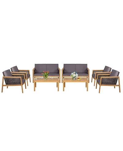 8PCS Patio Rattan Furniture Set Acacia Wood Cushioned Sofa