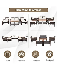 7PCS Patio Rattan Furniture Set Cushioned Loveseat Sofa Ottoman Table