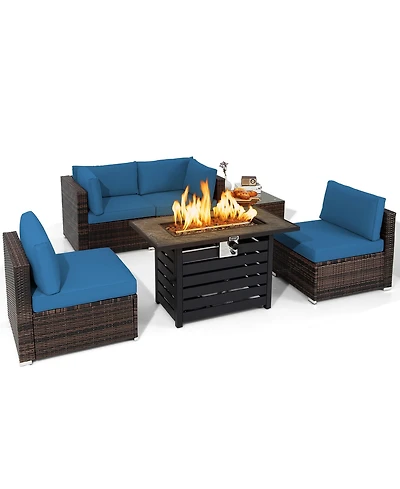 6PCS Patio Rattan Furniture Set 42'' Fire Pit Table Cover Sofa Cushion