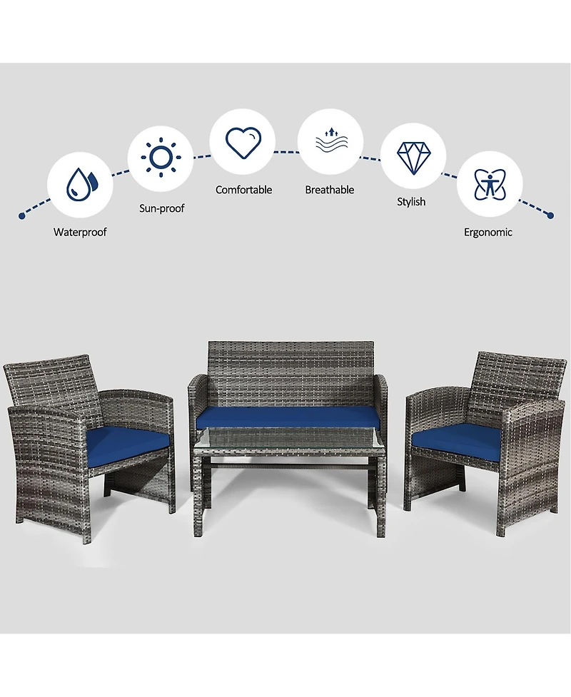 Costway 8PCS Patio Rattan Furniture Set Conversation Glass Table Top Cushioned Sofa