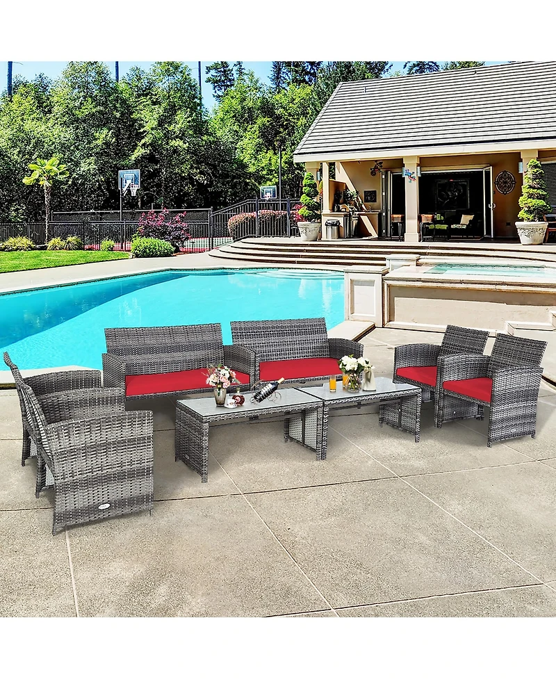 Costway 8PCS Patio Rattan Furniture Set Conversation Glass Table Top Cushioned Sofa
