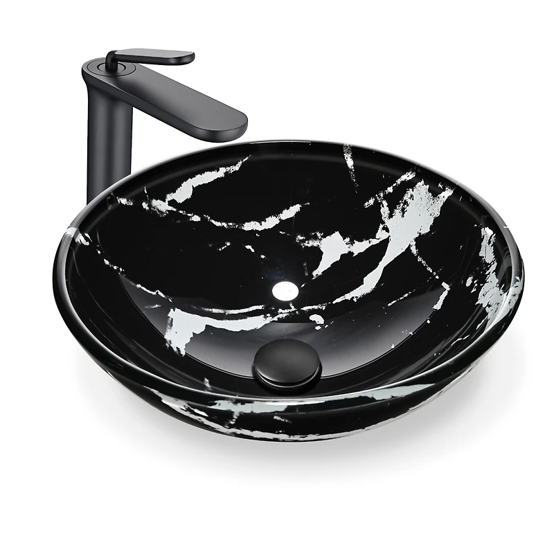Aquaterior Bathroom Round Tempered Glass Vessel Sink w/ Single-Hole Faucet Drain