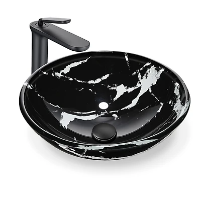 Aquaterior Bathroom Round Tempered Glass Vessel Sink w/ Single-Hole Faucet Drain