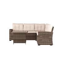 Merrick Lane Shelton Indoor/Outdoor L-Shaped Sofa/Dining Table Conversation Set With Wicker Rattan Construction And Weather-Resistant Cushions