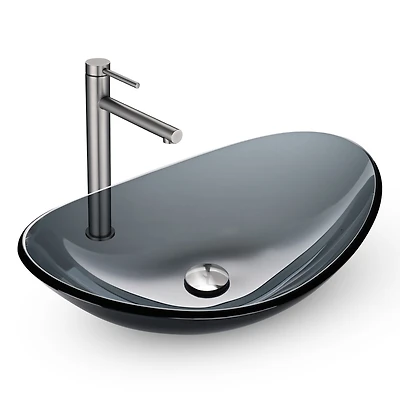 Aquaterior Oval Tempered Glass Vessel Sink w/ Bathroom Single-Hole Faucet Drain