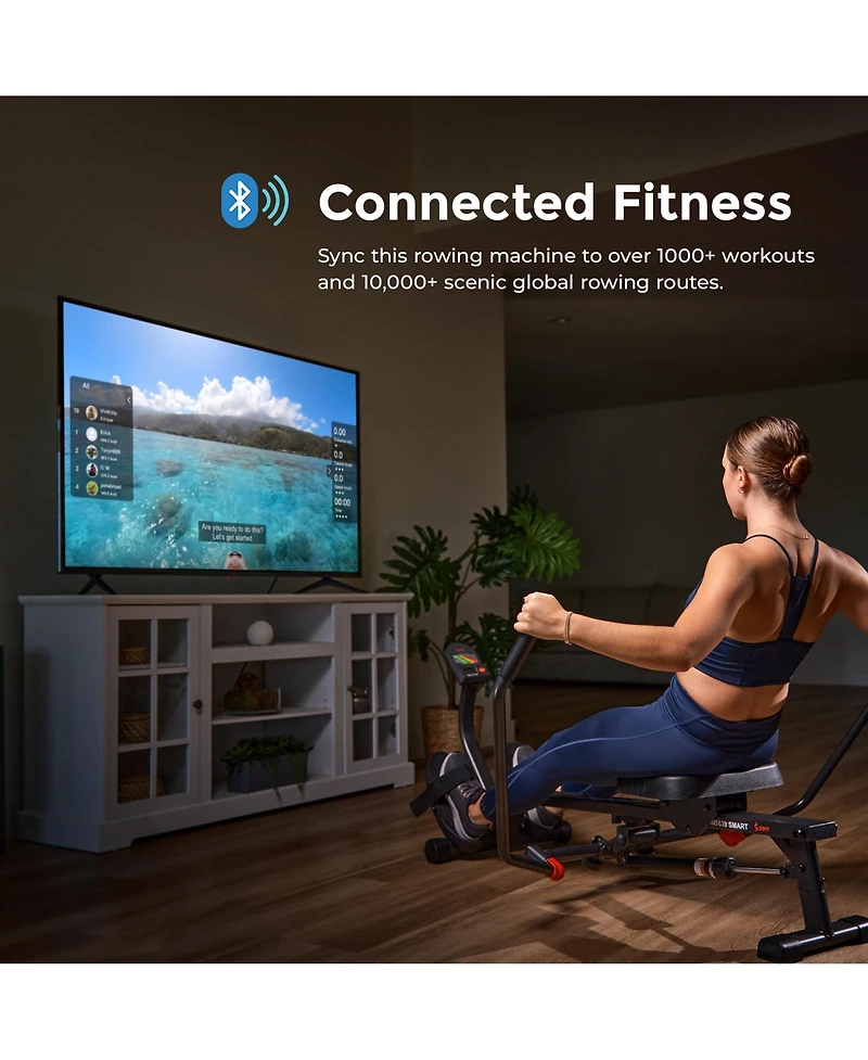 Sunny Health & Fitness Compact Full Motion Rowing Machine, Full-Body Workout, Low-Impact, Extra-Long Rail, 350 Lb Weight Capacity and Free SunnyFit Ap