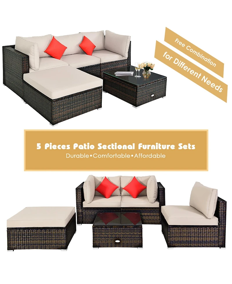 Costway 5PCS Outdoor Patio Rattan Furniture Set Sectional Conversation
