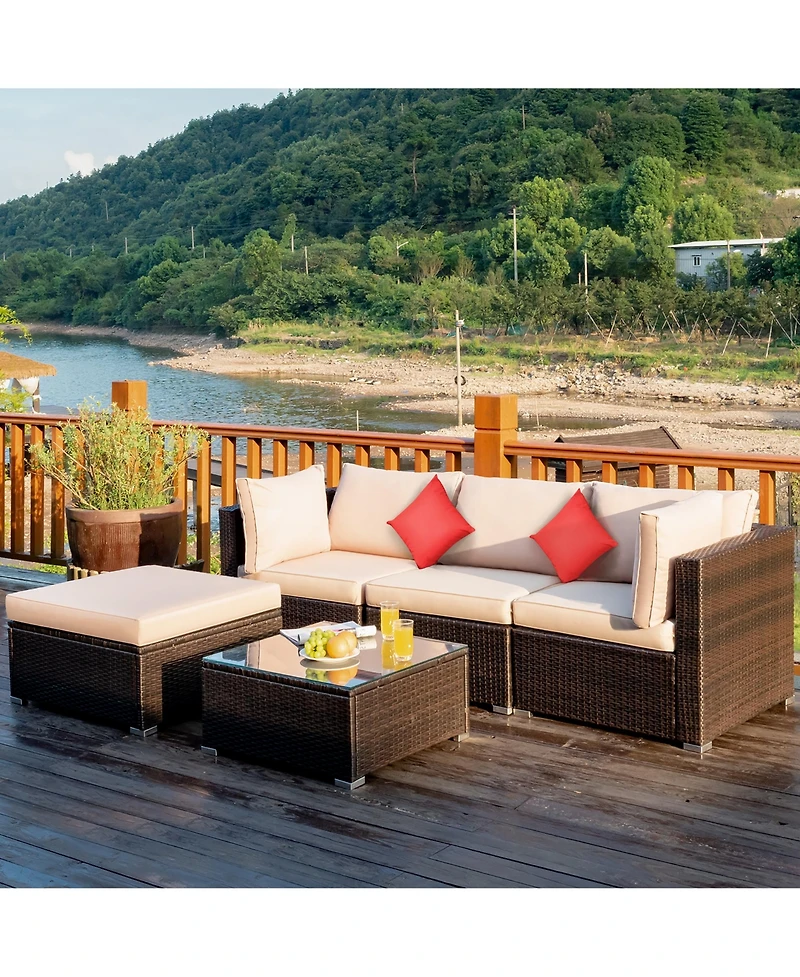 Costway 5PCS Outdoor Patio Rattan Furniture Set Sectional Conversation