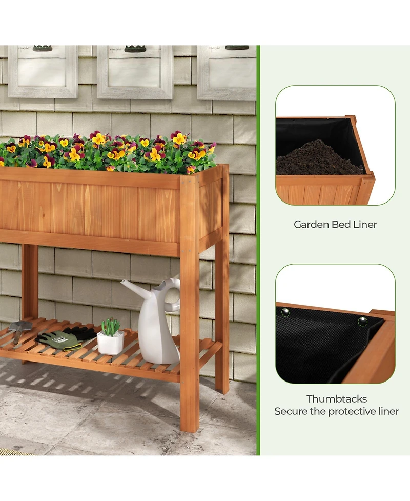 Slickblue Outdoor Raised Garden Bed Fir Wood Planter Box with Bottom Storage Shelf and Protective Liner-Brown