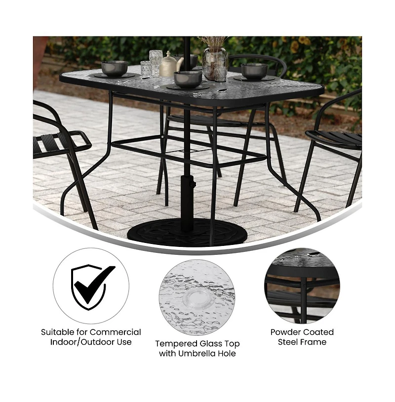 Emma+Oliver Tala Patio Table With Tempered Glass Top Umbrella Hole And Steel Frame