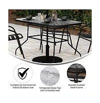 Emma+Oliver Tala Patio Table With Tempered Glass Top Umbrella Hole And Steel Frame