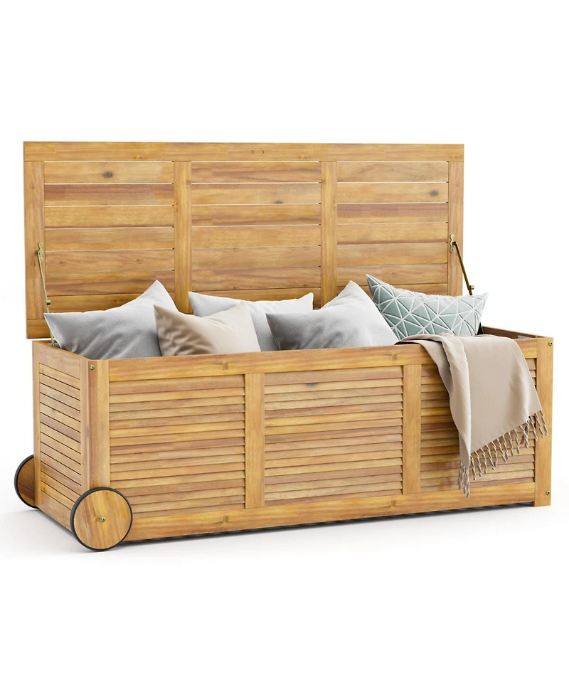 Slickblue Rolling Patio Wooden Deck Box with 2 Wheelsand Side Handle for Outdoor