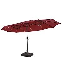 Gymax Outdoor 15' Double-Sided Patio Umbrella 48 Solar Led Lights Crank & Base Wine