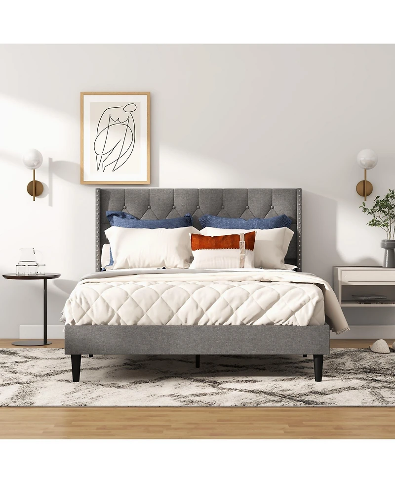 Full Size Upholstered Platform Bed with Button Tufted Headboard-Full Size