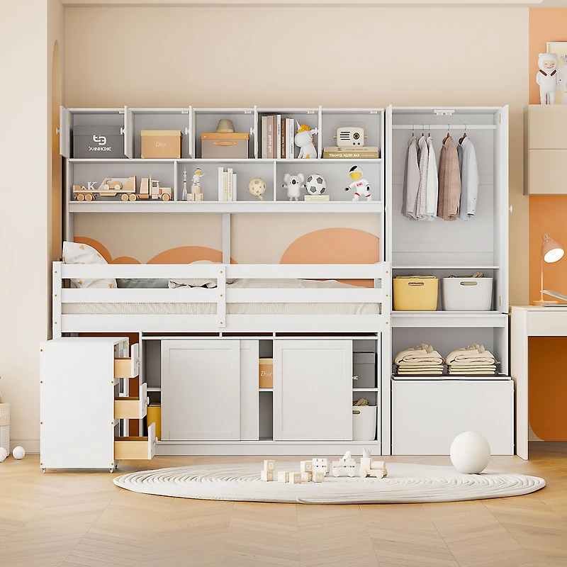 Streamdale Twin Loft Bed with Desk, Storage & Shelves