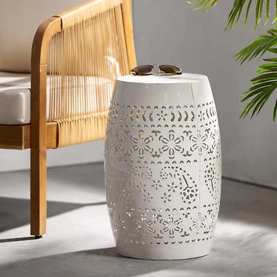Streamdale Elegant Lace-Cut Barrel Side Table for Indoor/Outdoor Living