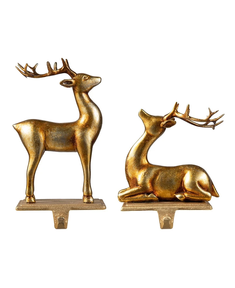 Glitzhome Set of 2 Gold Resin Standing Sitting Reindeer Stocking Holders