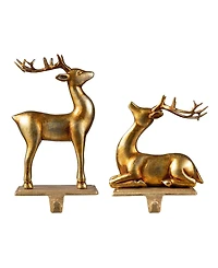 Glitzhome Set of 2 Gold Resin Standing Sitting Reindeer Stocking Holders