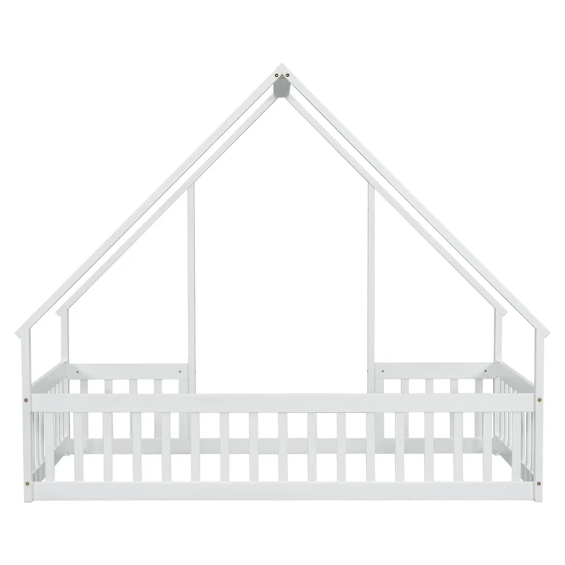 Simplie Fun Twin Wood House-Shaped Floor Bed with Fence, Guardrails, White